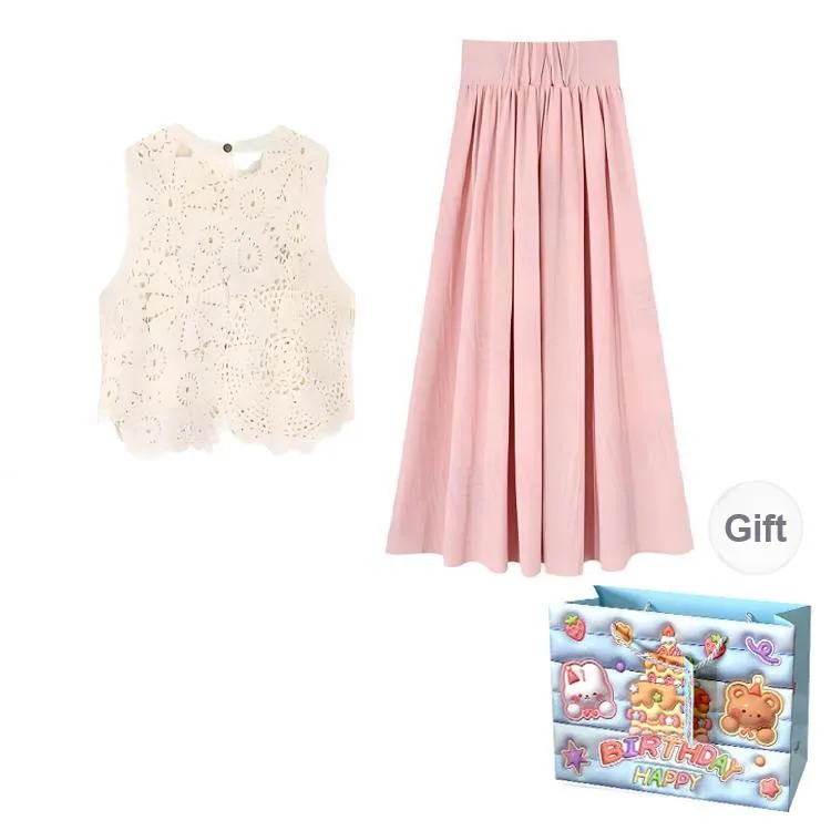Gentle Welcome Skirt Set Women's Ecru Top+Pink Skirt-1