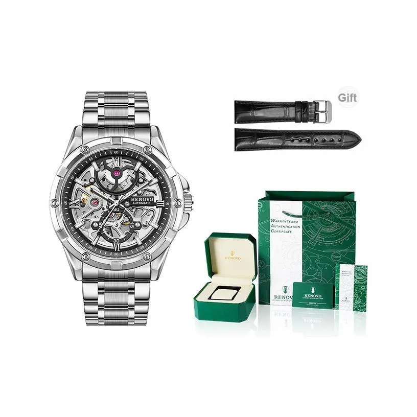 RENOVO Explorer Collection Automatic Mechanical Movement Watch Unisex Skeleton Dial