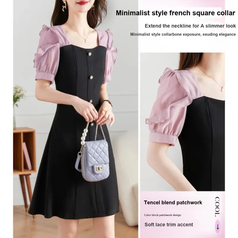 Like The Age Of Water Summer Short Sleeved Dress Slim Fit Women's Black-1