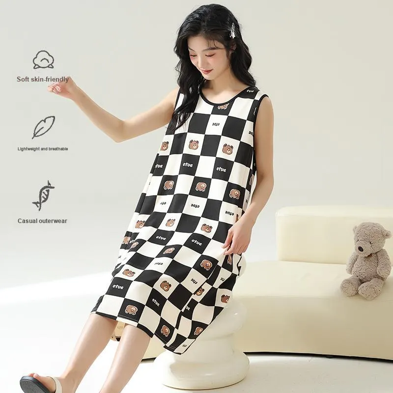 BONAS Nightgown Women's Black White Plaid-3