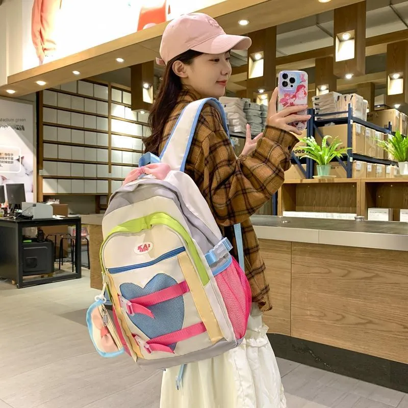 Travel Nylon Backpack Unisex Pink/Beige Yellow-5