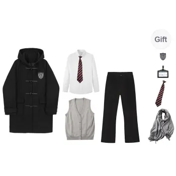 YuChaJia Uniforms Men Black Ox Horn Button Coat Set Coat+Shirt+Vest+Suit Pants