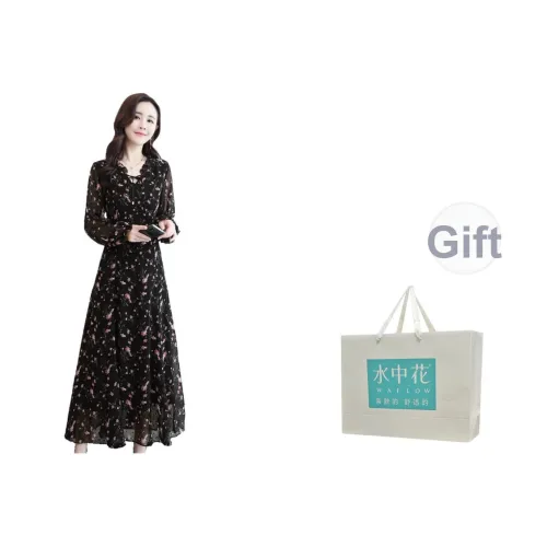 Flowers in water Длинное платье с длинными рукавами женское