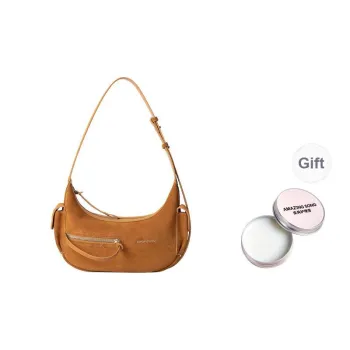 AMAZING SONG Cow Nubuck Shoulder Bag Crescent Moon Bag Women's Monet Pink/Gold Brown