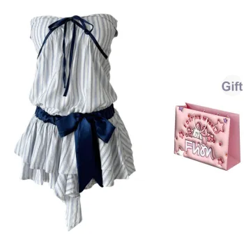 FLIM Sleeveless Dresses Women's Blue White Stripes Bear Box