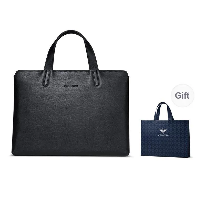 WilliamPOLO Top Grain Cow Leather Briefcases Handbags Medium Size Men's Black-0
