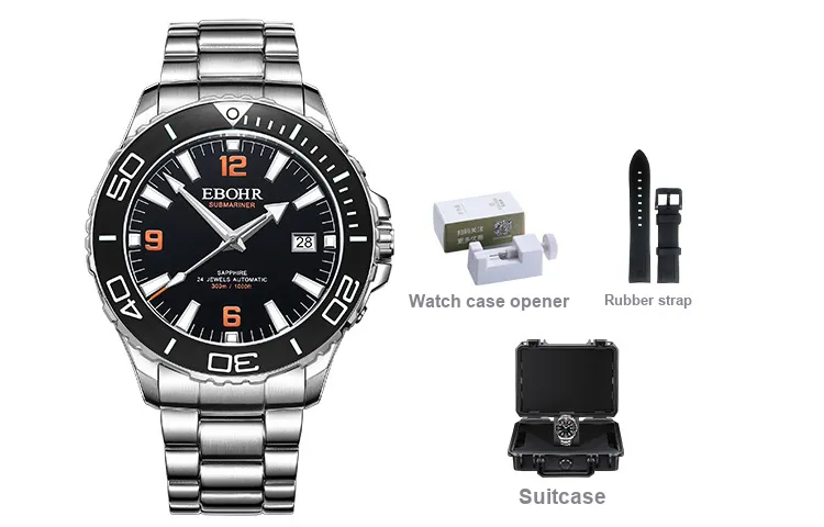 EBOHR Explorer Collection Automatic Mechanical Movement Stainless Steel Strap Watch Men's Watches Black Dial-1