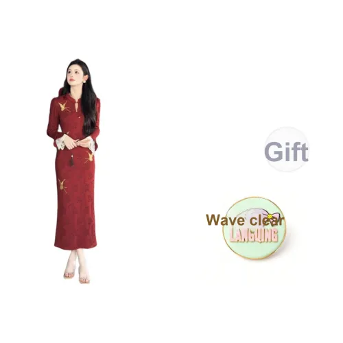 LANGQING Image Giveaway Бренд Наклеенный Женские Длинные Платья с Длинными Рукавами