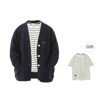 OGEK Knitwear Unisex Black Comes With White Stripes Short Sleeved Shirt+Brooch