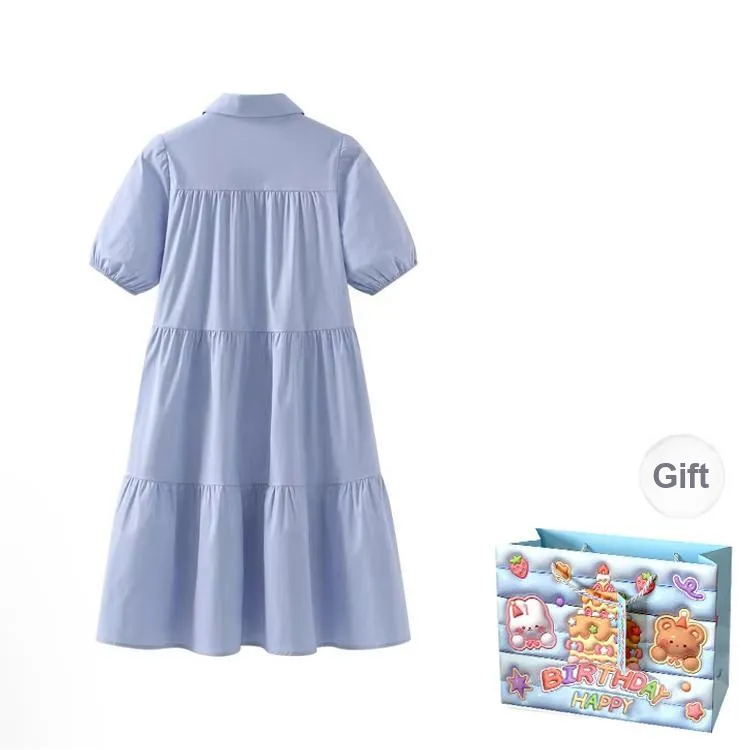 WOWI KCKS Short Sleeved Dress Women's Light Blue+Tie-1