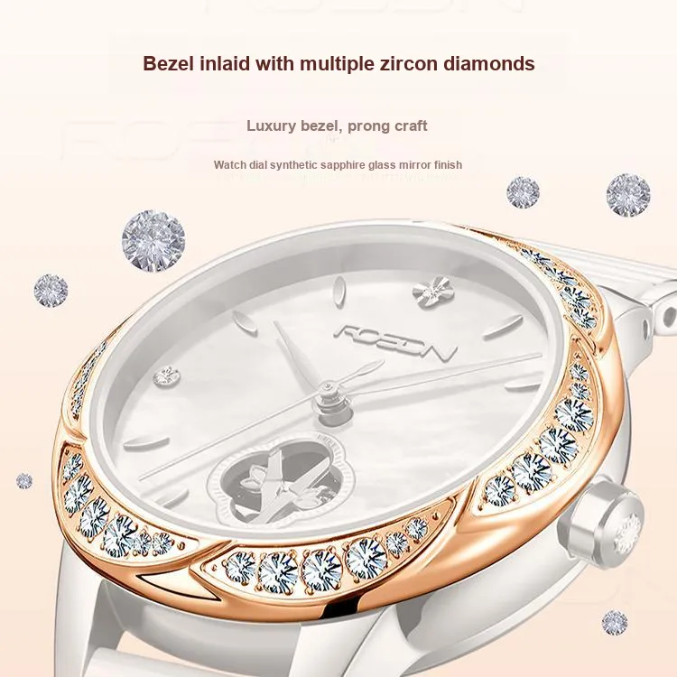 ROSDN Mechanical Movement Ceramic Strap Watch Women's Watch Mother of Pearl Color Watch Dial-5