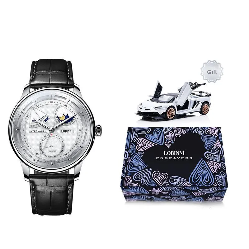 LOBINNI L Automatic Mechanical Movement Genuine Leather Strap Watch Men's Watches White Dial-0