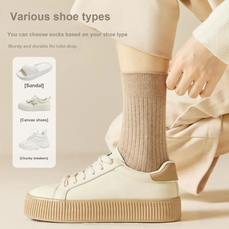 MIIOW Mid Calf Socks Women's 5 Pack Light Brown-6