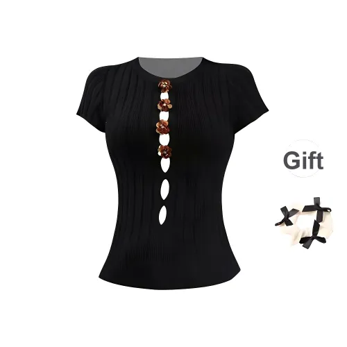 TURN UP T Shirts Women's Black+Bowknot Hair Tie Comes With