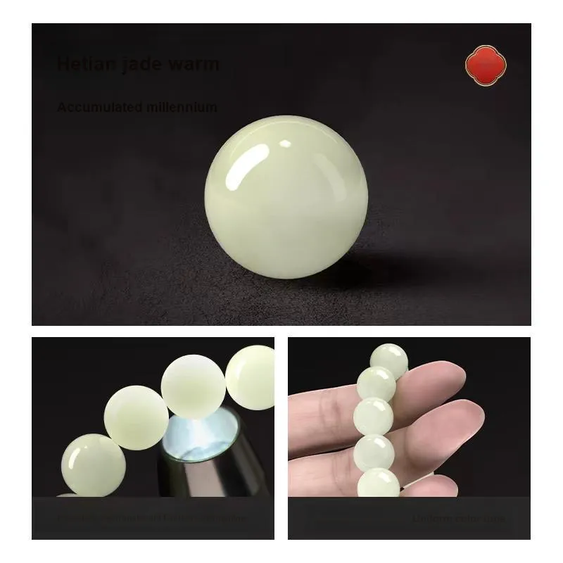 Zhen Yu Zhen Pin Good Luck Fortune Bead Accessories Beaded Bracelet Pale Greenish White Jade Unisex-4