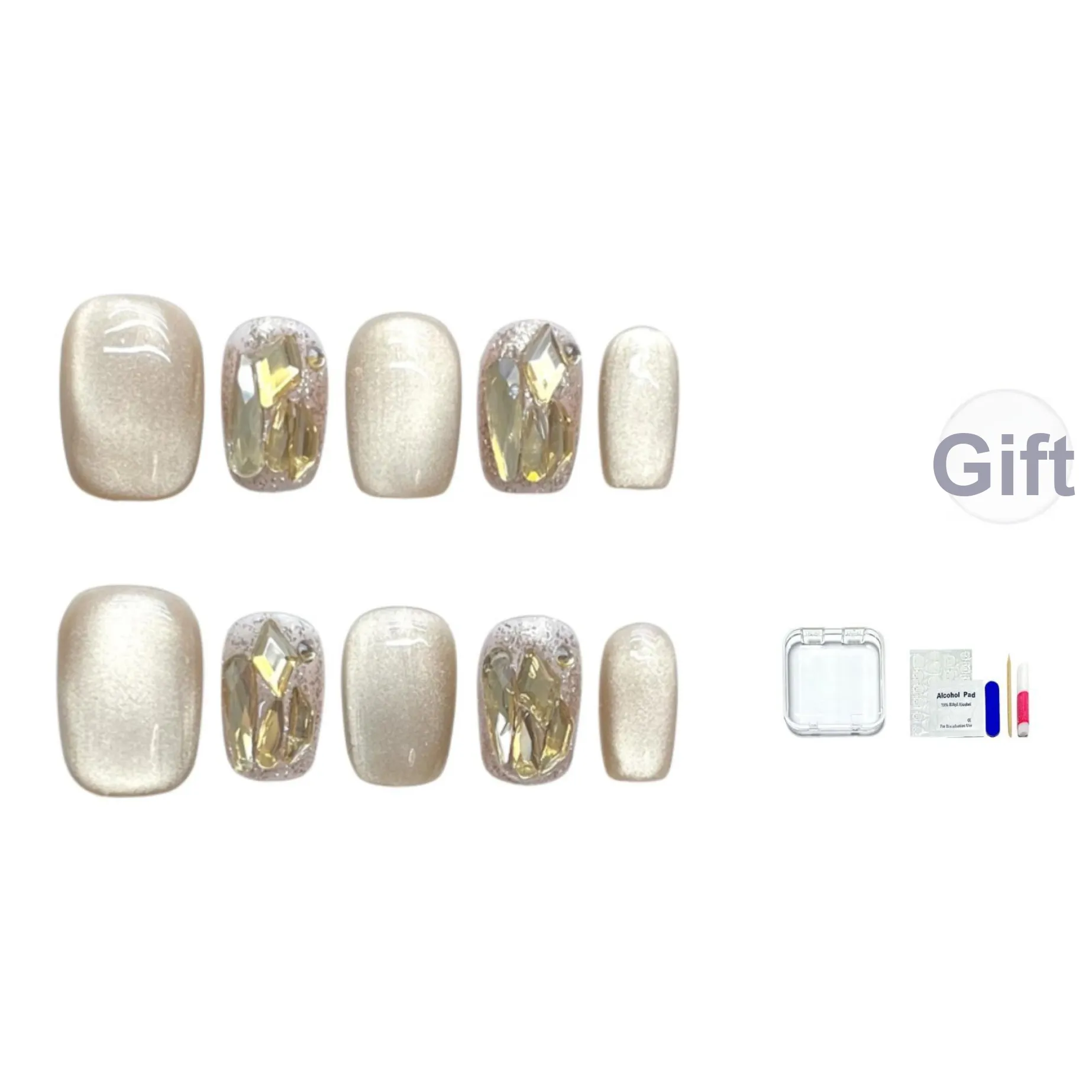 JINGCHANXUE Ручной работы Кристалл Кошачий глаз Шампанское Ромб False Nail Короткий LADDER Молочно-чайный Градиентный Flashing 12 мм