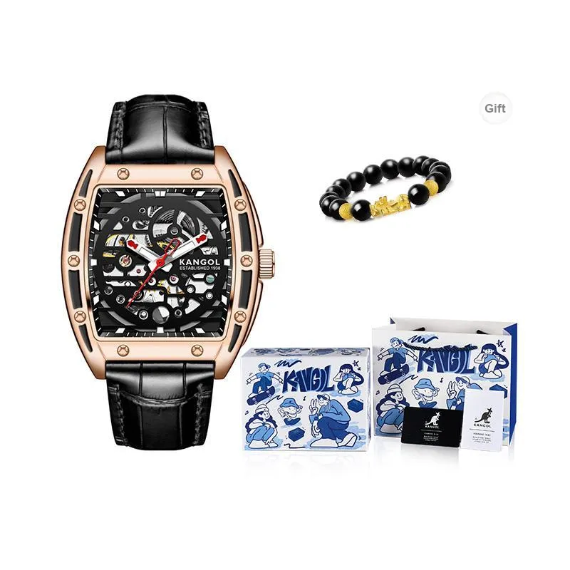 KANGOL Automatic Mechanical Movement Genuine Leather Strap Watch Men's Watches Cut-Out Dial-7