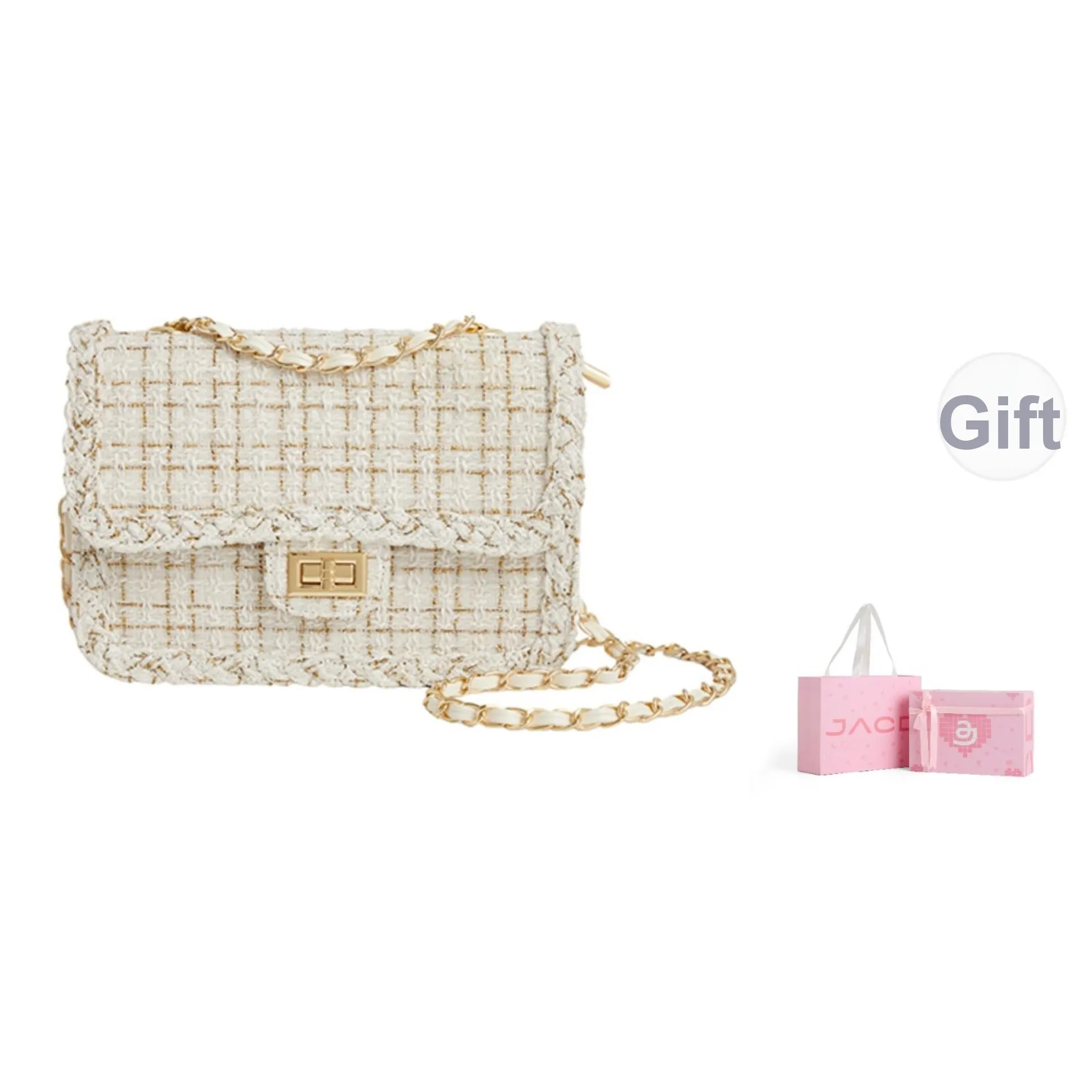 JACD Golden Шелк Инкрустированный Твид Маленькая Квадратная Сумка Сумка через плечо Женская Белая