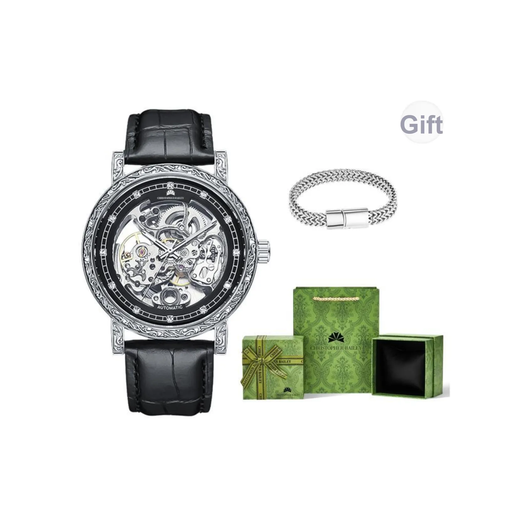 Corriberty Mechanical Movement Genuine Leather Strap Watch Men's Watches Skeleton Dial
