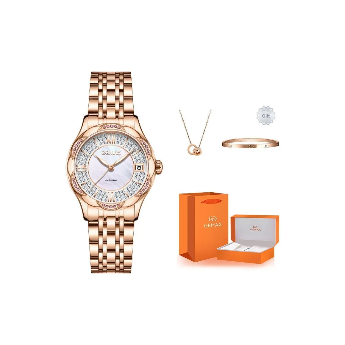 GEMAX Автоматический Механический Movement Женские Часы 34 мм Жемчужная Раковина Цвет