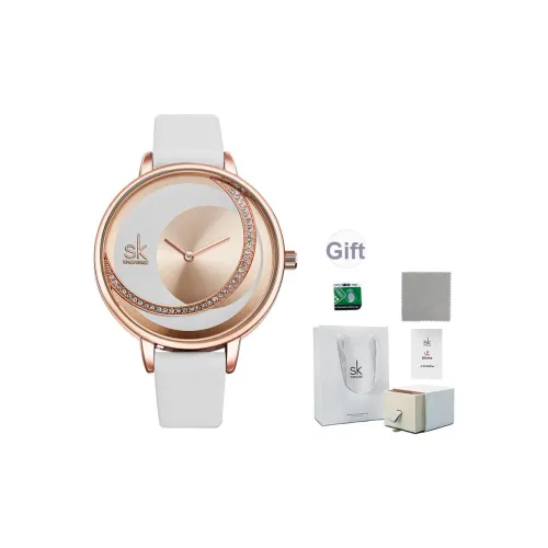 SHENGKE Кварцевый механизм кожаный ремешок женские часы серебристый циферблат