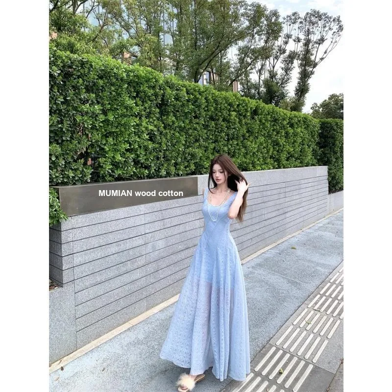 PZGE Slip Dresses Women's Blue Maxi Skirt-2