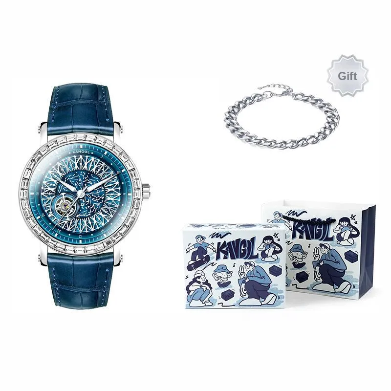 KANGOL Automatic Mechanical Movement Genuine Leather Strap Watch Men's Watches Cut Out Dial-16