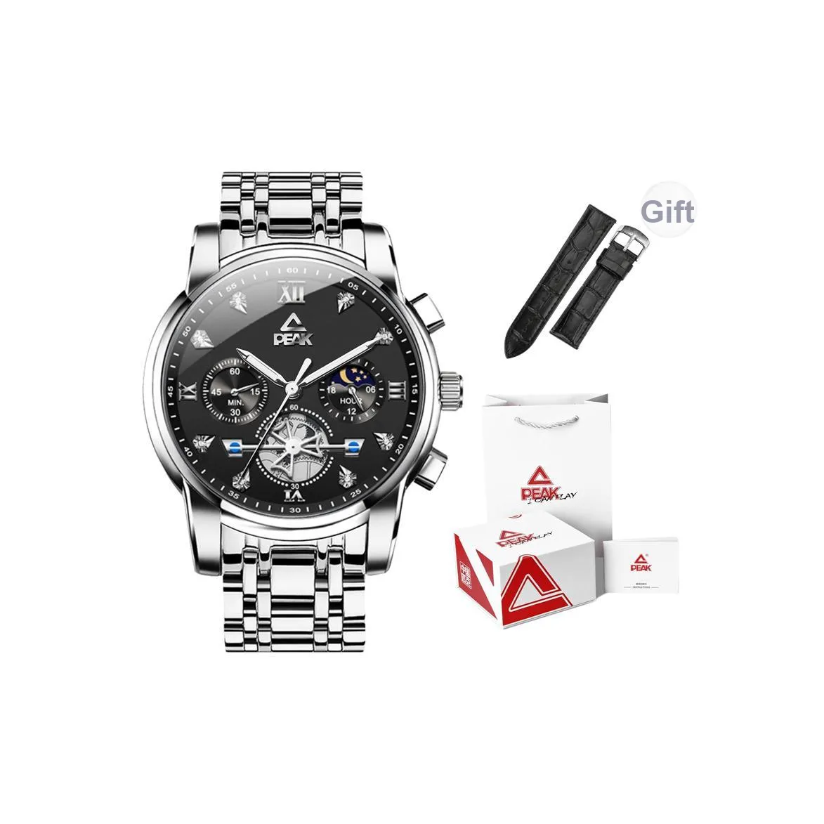 PEAK Phantom Series Кварцевый механизм Кожаный ремешок Часы Мужские Черный циферблат