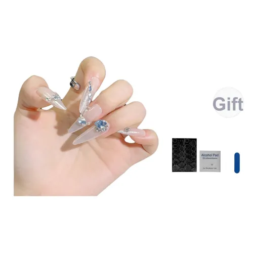 OUYUJI Handcrafted False Nail MID Длина Овал Заостренный Айвори Смудж Стразы Украшенный