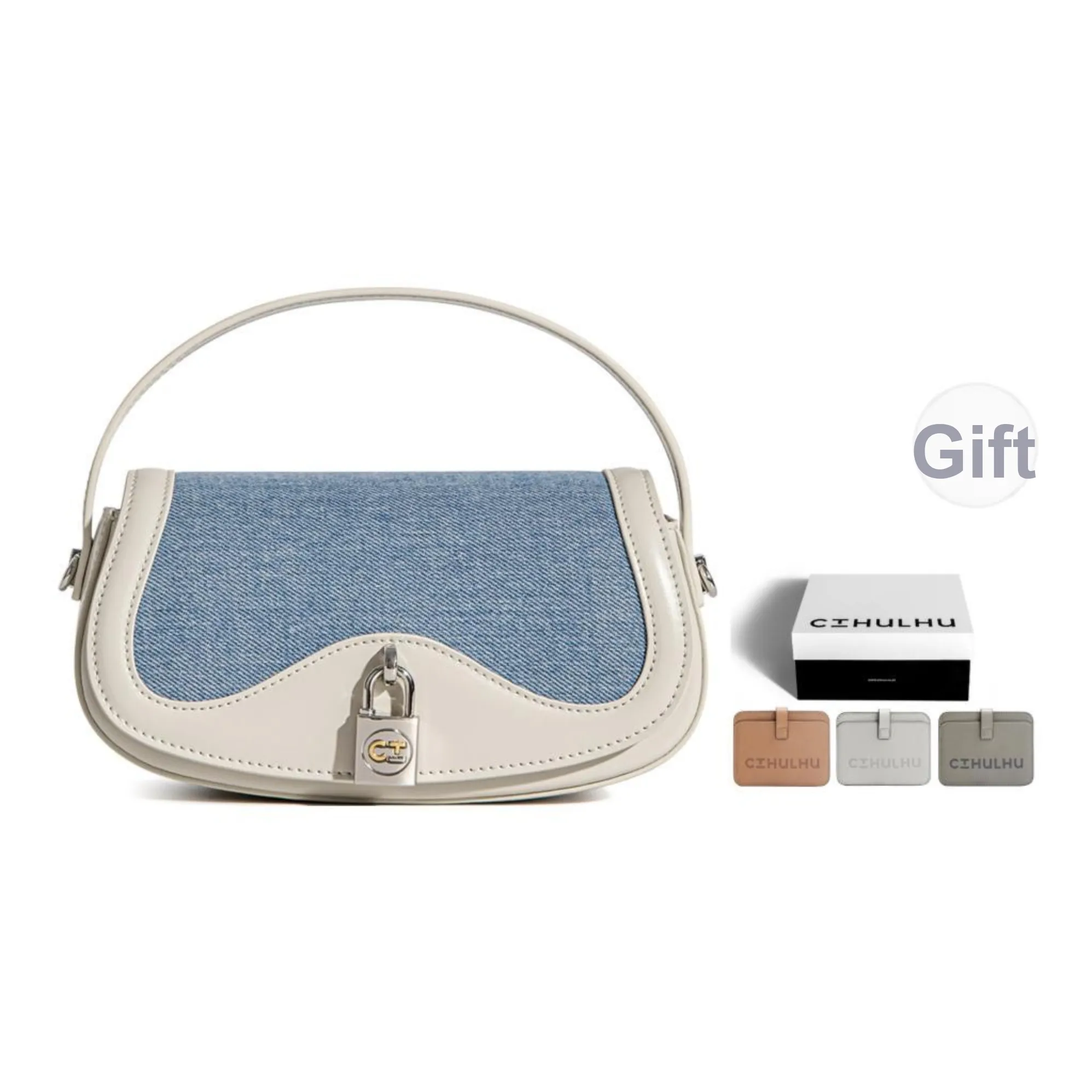 Cthulhu Cowhide Split Leather Handbag, Shoulder Bag, Lockable Denim Saddle Bag Women's Ecru & Denim