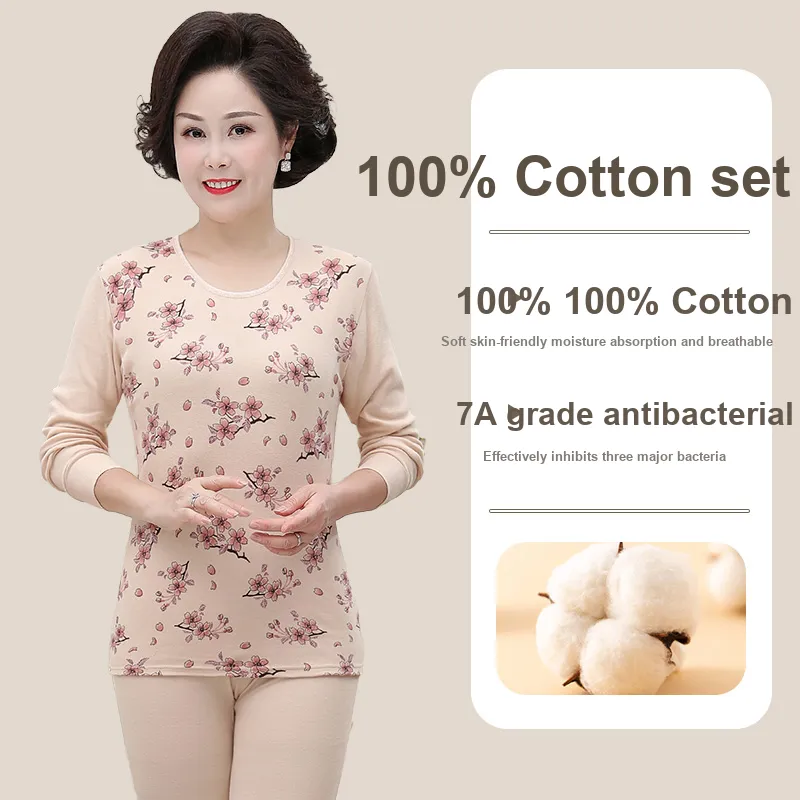Cotton Gene Thermal Set Women's Apricot Peach Blossom-1