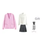 Pink Cardigan+V-Neck Length Sleeve+Dark Night Killer Short Skirt, Includes Bow Ties+Calf Socks+Hanger