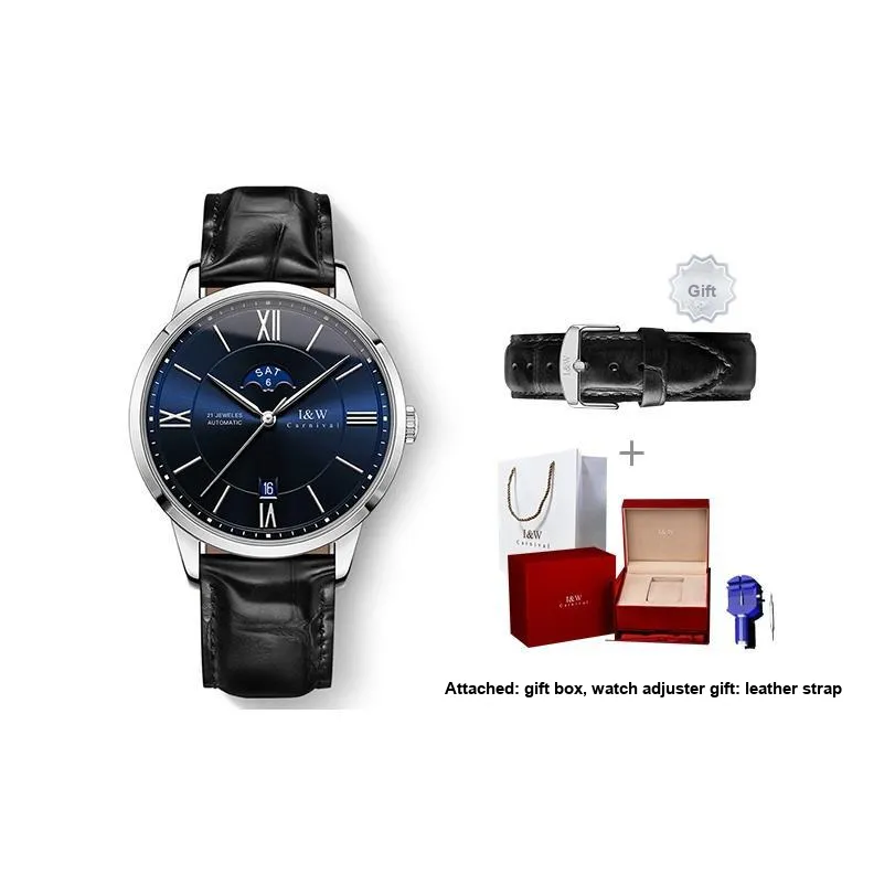 I&W CARNIVAL HWGUOJI Automatic Mechanical Movement Genuine Leather Strap Watch Men's Watches Blue Dial
