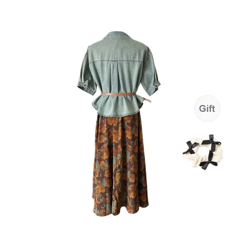 TURN UP Skirt Set Women's Set Blue Brown Two Piece Set, Comes With Belt+Bowknot Hair Tie-1