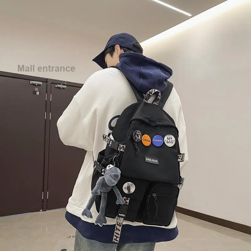 Single Warehouse Nylon Backpack Unisex Gray/Blue/Black & White/Black-25