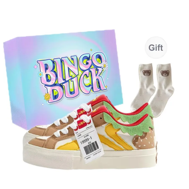 BINGO DUCK Low Top Skateboard Shoes Women's Hamburger Khaki-7
