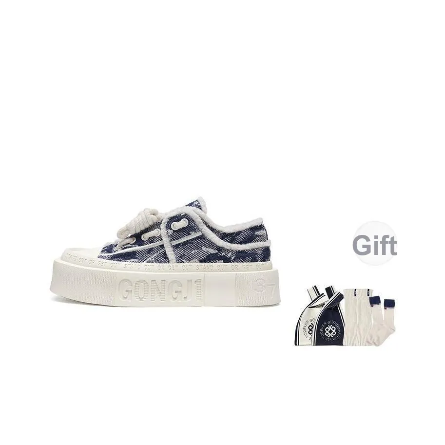 GONGJI Square Inches Denim Camouflage Height Increasing Low Top Skateboard Shoes Unisex Master Blue