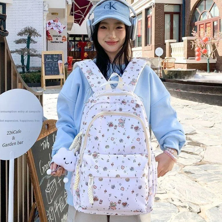 Dusen Kangaroo Nylon Fabric Backpack Regular Unisex White/Pink/Blue-4