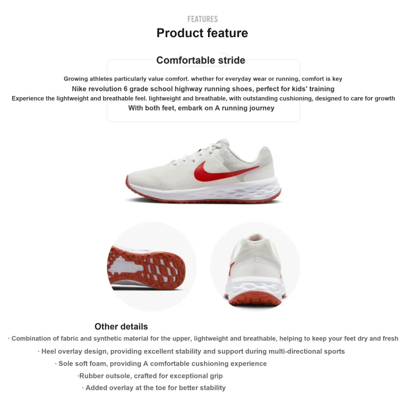 Nike REVOLUTION 6 Cushioning And Breathable Low Top Kids' Running Shoes Red White Unisex-1
