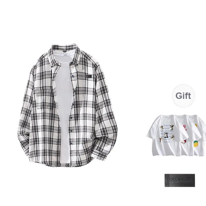OGEK Shirt Unisex Black White Plaid Comes With A Random Print T Shirt+Brooch-0