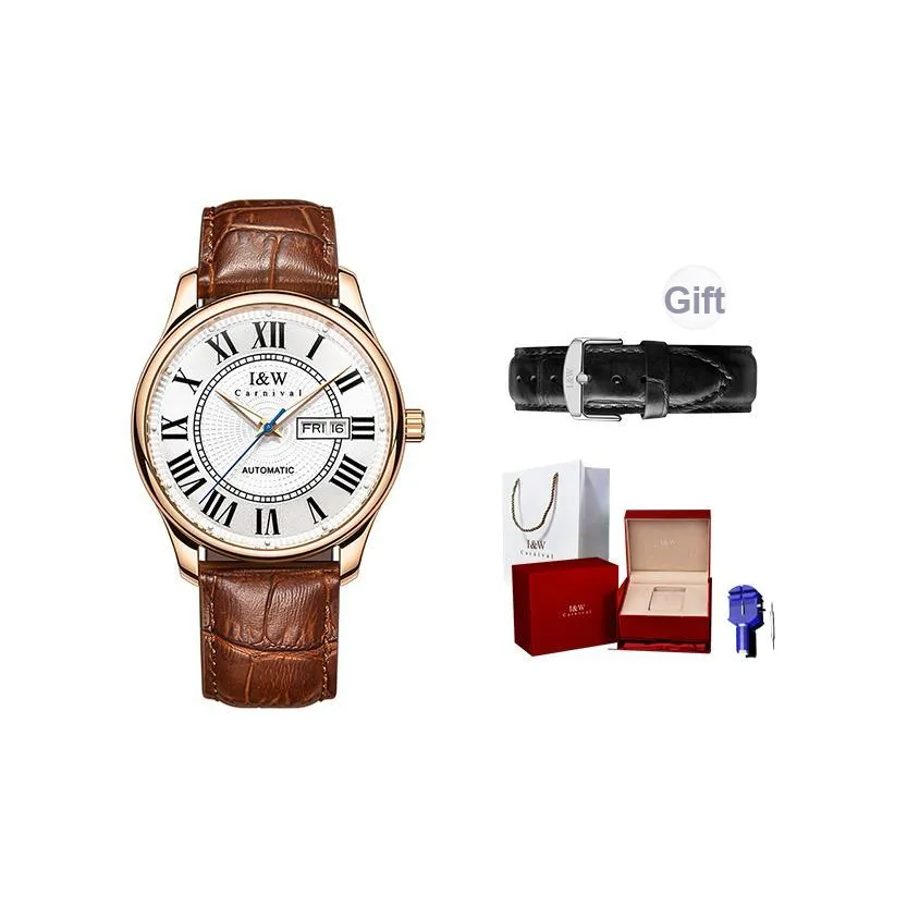 I W CARNIVAL HWGUOJI Автоматический механический механизм Часы Мужские Белый циферблат