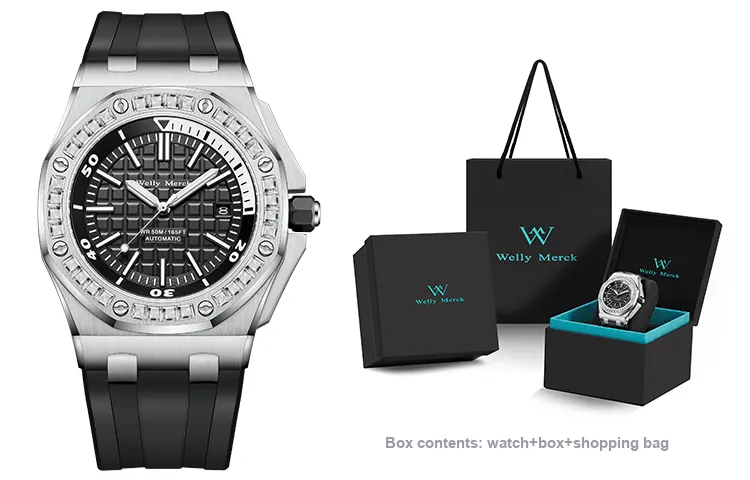 Welly Merck Automatic Mechanical Movement Men's Watches Wrist Watches 42 Black Dial Rubber Strap Wm112m