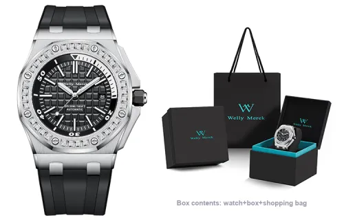 Welly Merck Automatic Mechanical Movement Men's Watches Wrist Watches 42 Black Dial Rubber Strap Wm112m