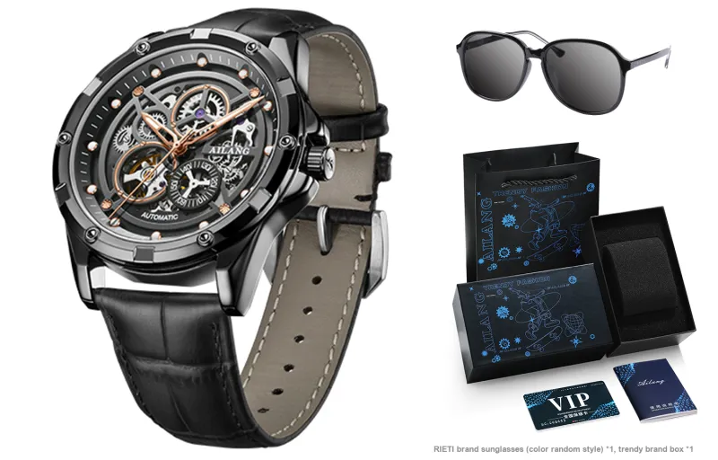 AILANG Automatic Mechanical Movement Stainless Steel Watchband Watch Men's Watches Black Dial-5