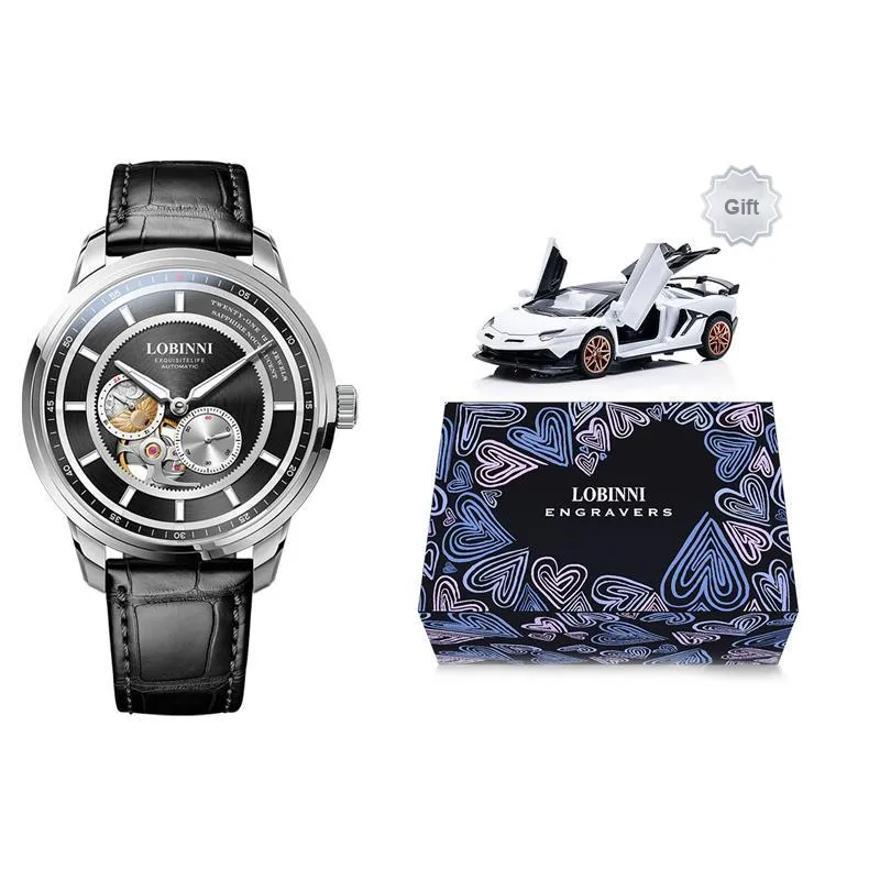 LOBINNI L Automatic Mechanical Movement Genuine Leather Strap Watch Men's Watches Black Dial-2