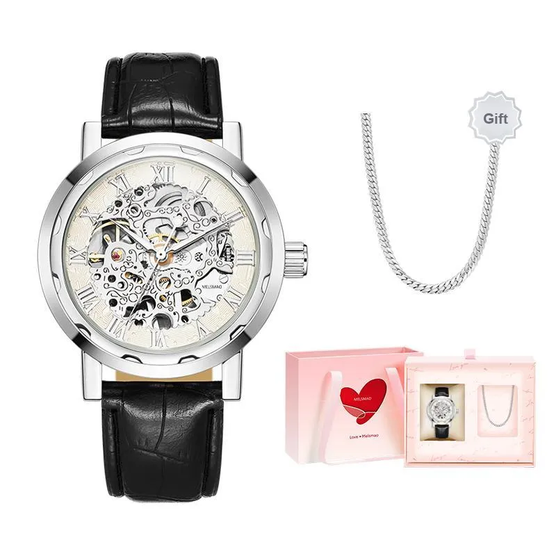 MELSMAO Semi-Automatic Wrist Watch Mechanical Movement Leather Watch Bands Watch Men's Watches Cut-Out Dial-6