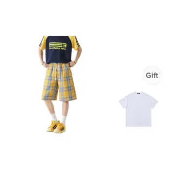 PWUE Casual Shorts Unisex Yellow & Red & Blue Multicolor Comes With White T Shirt
