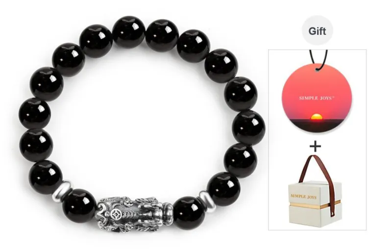 SIMPLE JOYS Obsidian 3D Sterling Silver Chinese Auspicious Animal Beaded Bracelet Unisex-14