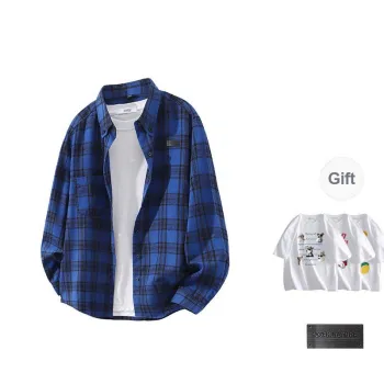 OGEK Shirt Unisex Black White Plaid Comes With A Random Print T Shirt+Brooch