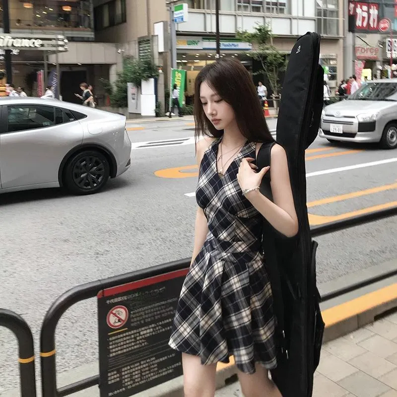 DOSOHEB Slip Dresses Women's Black White Plaid-3